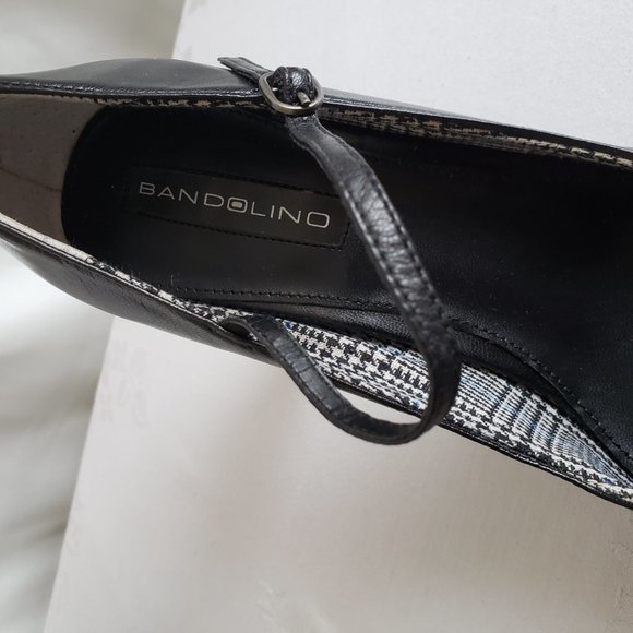 New BANDOLINO Black leather platform peep toe Mary Jane strap pumps Plaid lining - Picture 5 of 10